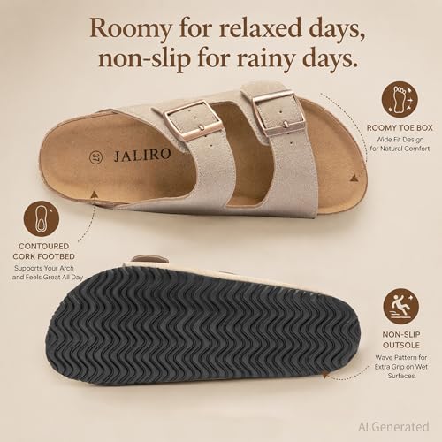 JALIRO Women's Cork Sandals, Suede Upper, Double Buckle, Arch Support & Non-Slip for Summer Wear, Light Grey, size 11 - image 6