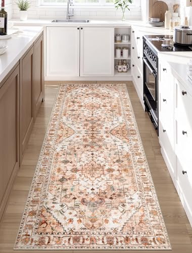 SERISSA Boho Washable Runner Rug, 2x6 Rug Non-Slip Vintage Peach Cream Hallway Kitchen Runner Rug Ultra Soft Print Distressed Floor Carpet for Bedroom Bathroom Laundry Living Room