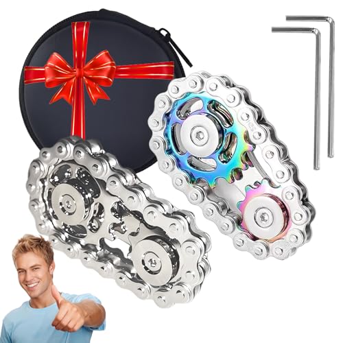 Image of 【2PCS】Fidget Spinners Toys for Adults & Teens - Metal Fidget Toy Bike Chain Fidget Sprocket Chain Fidgets Toy for Relief Anxiety ADHD Autism Cool Gadgets Desk Offices Gift Sensory Toy（Silver+Rainbow）