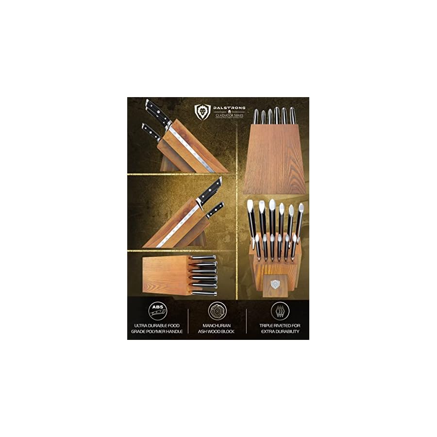 DALSTRONG-12-Piece-Knife-Block-Set-Gladiator-Series-Black-Handles-German-HC-Steel-Hand-made-Manchurian-Ash-Wood-Block-NSF-Certified DALSTRONG Gladiator Series Elite 12-Piece Stainless Steel Knife Set with Block-Handmade Manchurian Ash Wood-German High-Carbon Steel-Gift Wooden Knife Block Set w/Black Handles-NSF Certified