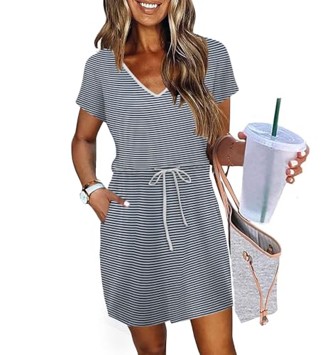 Grace's Secret Summer Dresses for Women 2025 Plus Size Spring Clothes Tennis Golf Athletic T Shirt Dress Navy Blue Striped XL