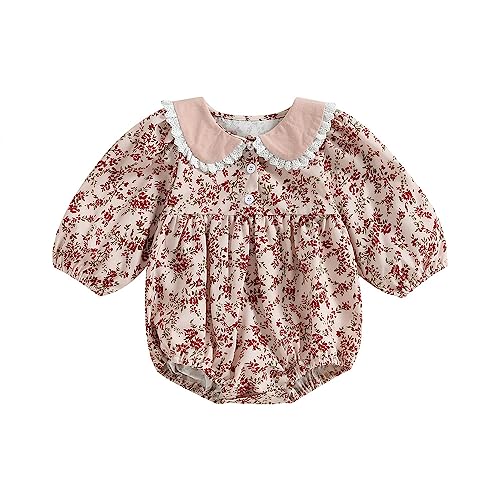 Infant Baby Girl Fall Clothes Floral Print Long Sleeve Romper Peter Pan Collar Ruffle Jumpsuit Bodysuit Cute Outfit