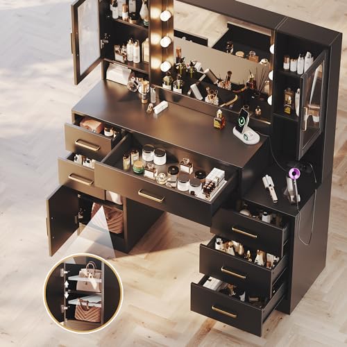Makeup Vanity Desk with Mirror and Lights, 51\" Makeup Vanity with Lights & Charging Station, Dressing Table Vanity Set for Bedroom, Black Vanity Table with Cushioned Stool, 6 Drawers & 3 Cabinet