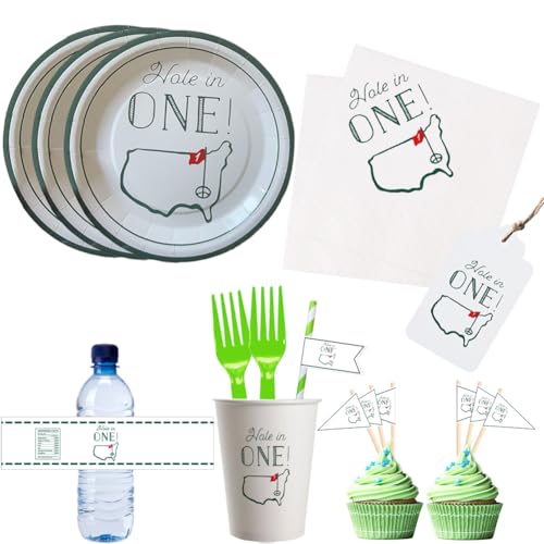 Image of Geloar Hole in One Golf Party Decorations, 240-Piece Set with Cocktail Napkins, Plates, Cups, Bottle Labels, Toothpick Flags, Straws, Gift Tags, and Forks for Golf Birthday and 1st Hole in One Parties