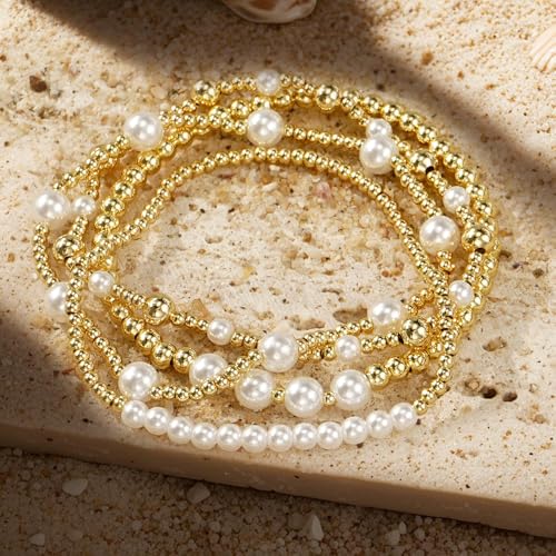 Dainty Gold Pearl Beaded Bracelet Stack for Women,4PCS Handmade Stretch Bohemian Gold Plated Beads Stackable Bracelets Trendy Prom Jewelry Gift Friendship4