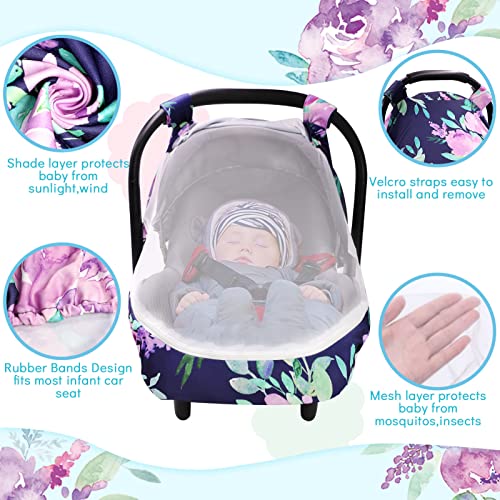 Image of Breathable Baby Car Seat Cover, Extra Large Mesh Window for Summer, Lightweight Infant Windproof Canopy, Must-Have Baby Gifte, Purple Floral