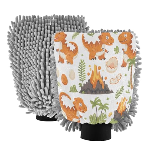 Kigai Cartoon Dinosaur Car Wash Mitt Microfiber, 2Pcs Scratch Free Lint-Free, Premium Chenille Microfiber Mitt Car Wash Brush-M