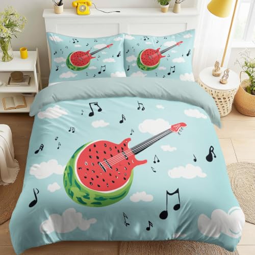 Juego de funda de edredón, juego de ropa de cama de fácil cuidado, tamaño Queen, 102 x 87 pulgadas, dibujos animados, divertida, energía alegre, creativa, guitarra, sandía, con 2 fundas de almohada de