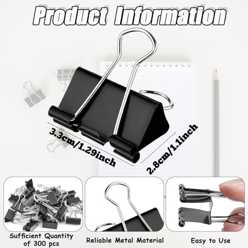300 Pcs Medium Binder Clips Bulk 1.25 Inch Heavy Duty Paper Clamps Black Metal Binding Med Clips Office Supplies for Teachers Business by TINSKY - Image 3