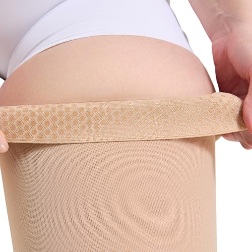 Image of Thigh High Compression Stockings 20-30mmHg Closed Toe - Extra Wide Calf Support for Varicose Veins & Pregnancy, Non-Slip Band, Size 4X-Large, Beige