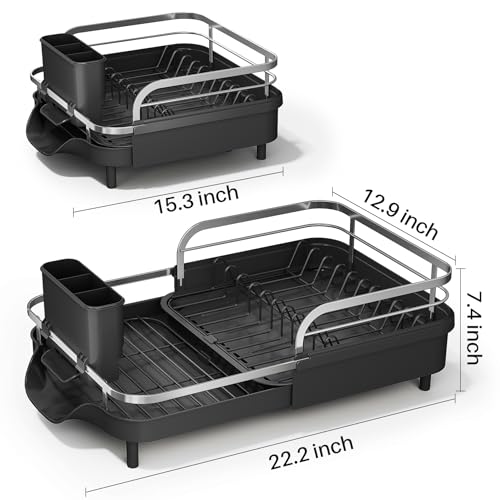 Image of SAYZH Dish Drying Rack - Expandable Dish Rack for Kitchen Counter, Rust-Resistant Dish Drainer with Utensil Holder and Raised Guardrail, Kitchen Organizer for Cup and Bottle (Black)