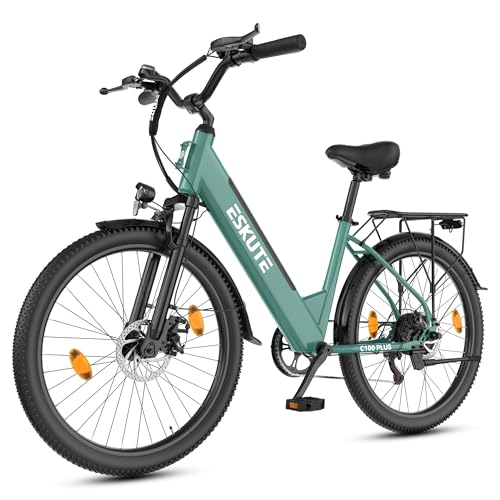 ESKUTE Bicicleta eléctrica de 26 pulgadas para adultos, 7 velocidades, con batería extraíble de 36 V, 13 Ah, 25 km/h, alcance de 50 a 100 km, bicicleta de ciudad eléctrica para viajeros, IP65
