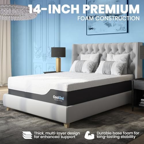 Classic Brands Cool Gel Chill Memory Foam 14-Inch Mattress with 2 BONUS Pillows |CertiPUR-US Certified |Bed-in-a-Box, Queen