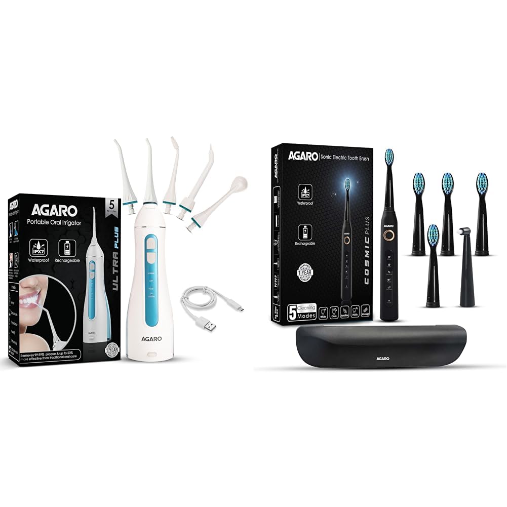 AGARO Ultra Plus Portable Dental Flosser for teeth, 5 Nozzles & AGARO COSMIC PLUS Sonic Electric Tooth Brush For Adults With 5 Modes, 5 Brush Heads, 1 Interdental Head, Carry Case, (Black)