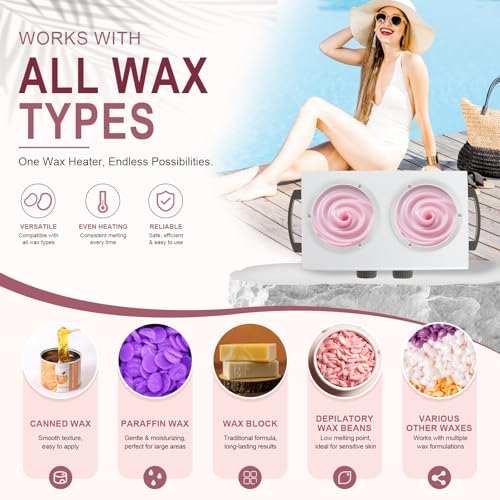 Image of Wax Warmer Double Pot, Professional Electric Heater for Facial, Body, Spa, and Salon, 1.2L Dual Adjustable Temperature with 100 Wooden Craft Sticks, Hair Removal