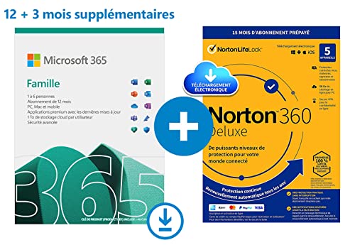 Microsoft 365 Famille | Office 365 apps | jusqu’à 6 utilisateurs | 15 Mois + NORTON 360 Deluxe | PC/MAC, tablette et smartphone | Téléchargement