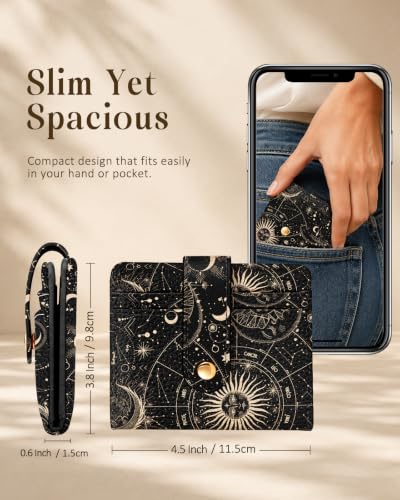 Image of Bistup Small Card Wallet for Women with Keychain, Celestial | durable material, clear ID window,, compact design for daily carry, sturdy keychain, aesthetic
