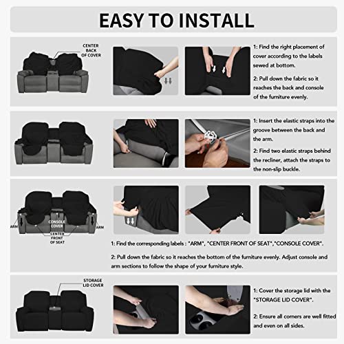 Image of Easy-Going 1 Piece Reclining Loveseat with Middle Console Slipcover | Stretch 2 Seater Loveseat Recliner Cover with Holder and Storage, Recliner Couch Sofa Cover, Furniture Protector Black