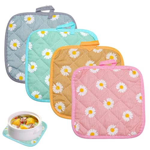 Set de 4 Agarraderas de Algodón 17x17cm, Guantes de Cocina Cuadradas en Algodón y Lino Resistentes al Calor 100°C, Manoplas Horno y Agarradores Cocina Decorativos con Diseño de Margaritas, Pot Holder