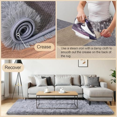 3x5 Rugs for Bedroom, Fluffy Area Rugs for Living Room, Soft Shag Kids Rug Small Carpet with 4 Non-Slip Rug Pads (Light Grey, 3ft x 5ft)