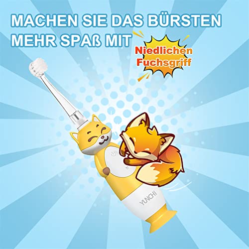 YUNCHI Elektrische Zahnbürste Kinder 0-6 Jahre mit weiß LED Licht, Smart Timer, Batteriebetrieben Baby Zahnbürste mit 4 weiche Ersatzbürstenköpfen, IPX7 Wasserdicht YC-K3 (Gelb Fuchs) – Bild 3