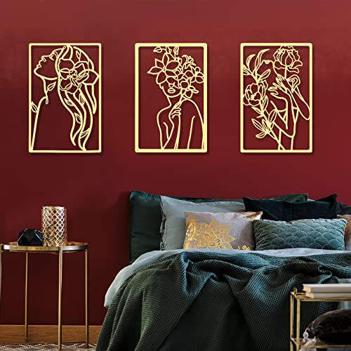 CHENGU Arte de parede de metal (3 peças, dourado, estilo floral) – minimalista abstrato mulher linha desenho arte decoração de parede para cozinha, casa de banho, sala de estar