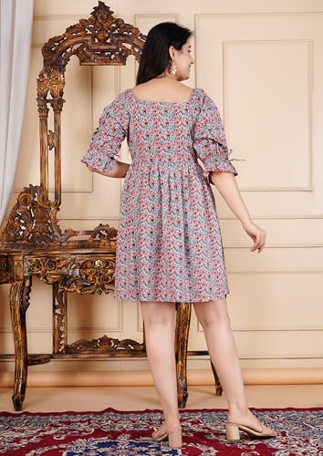 Image of Manojava Designer Women's Cotton Blend Bodycon Printed Puffy Sleeve Dress Short Sleeve Bodycon Dress, Women's Cotton Blend Printed Puffy Sleeve Designer Dress