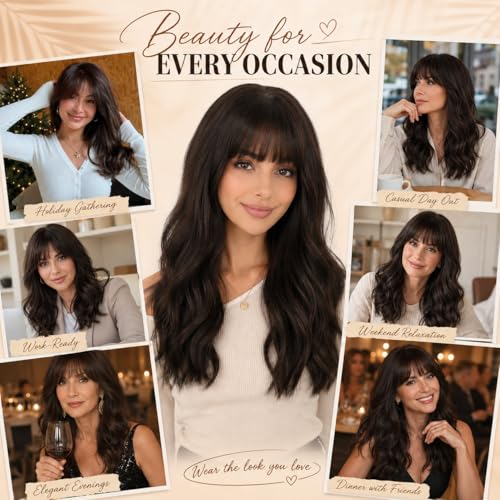 SUKRI Long Wavy Wig with Bangs for Women Dark Brown Curly Wigs Natural Wavy Synthetic Wigs for Daily Party Cosplay 20 Inch (Dark Brown) - Image 5