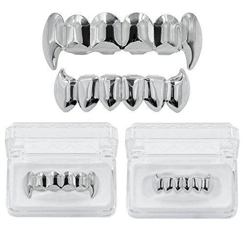 JINAO Vampire Teeth Fang Grillz 18K Gold Silver Plated Hip Hop Fangs Top Bottom Teeth Grills for Your Teeth Set for Men and Women4