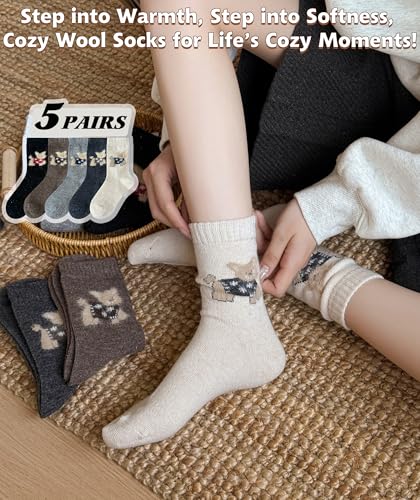Image of IIG Cute Warm Wool Socks for Women Super Cozy Thick Crew Winter Socks Gifts, 5 Pairs