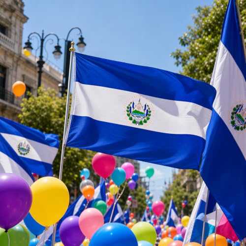 Image of AhfuLife 2pcs El Salvador Flag 3x5 Ft, Large Salvadoran Flags for Outside - Double Side with Brass Eyelets for Olympic Party Decorations, Soccer Party Decoration Bar Garden Street Decoration Indoor Outdoor