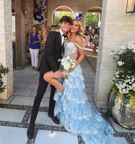 Sparkly Lace Tulle Tiered Prom Dresses 2025 Long Slit Spaghetti Straps Formal Corset Evening Party Gowns4