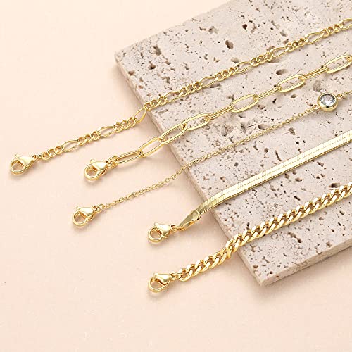 Image of DEARMAY Gold Bracelets for Women Waterproof Stackable Dainty 14K Gold Plated Rope Cuban Snake Paperclip Figaro Link Chain Pack Bracelet Adjustable Non Tarnish Fashion Accessories Jewelry Sets Gifts for Womens Mom