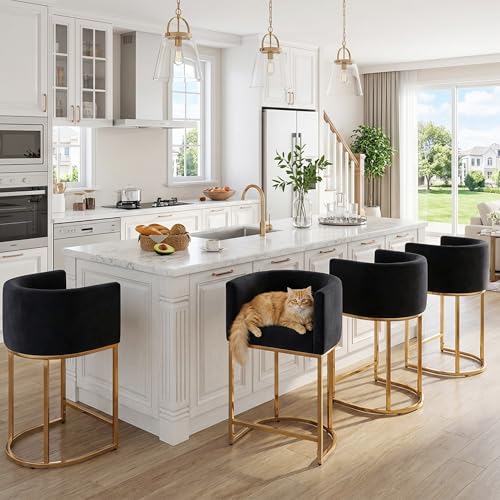 Image of HNY Modern Counter Height Velvet Fabric Upholstered Counter Stools Set of 4, 24 Inch Kitchen Island Stool with Gold Finish Metal Frame, Black
