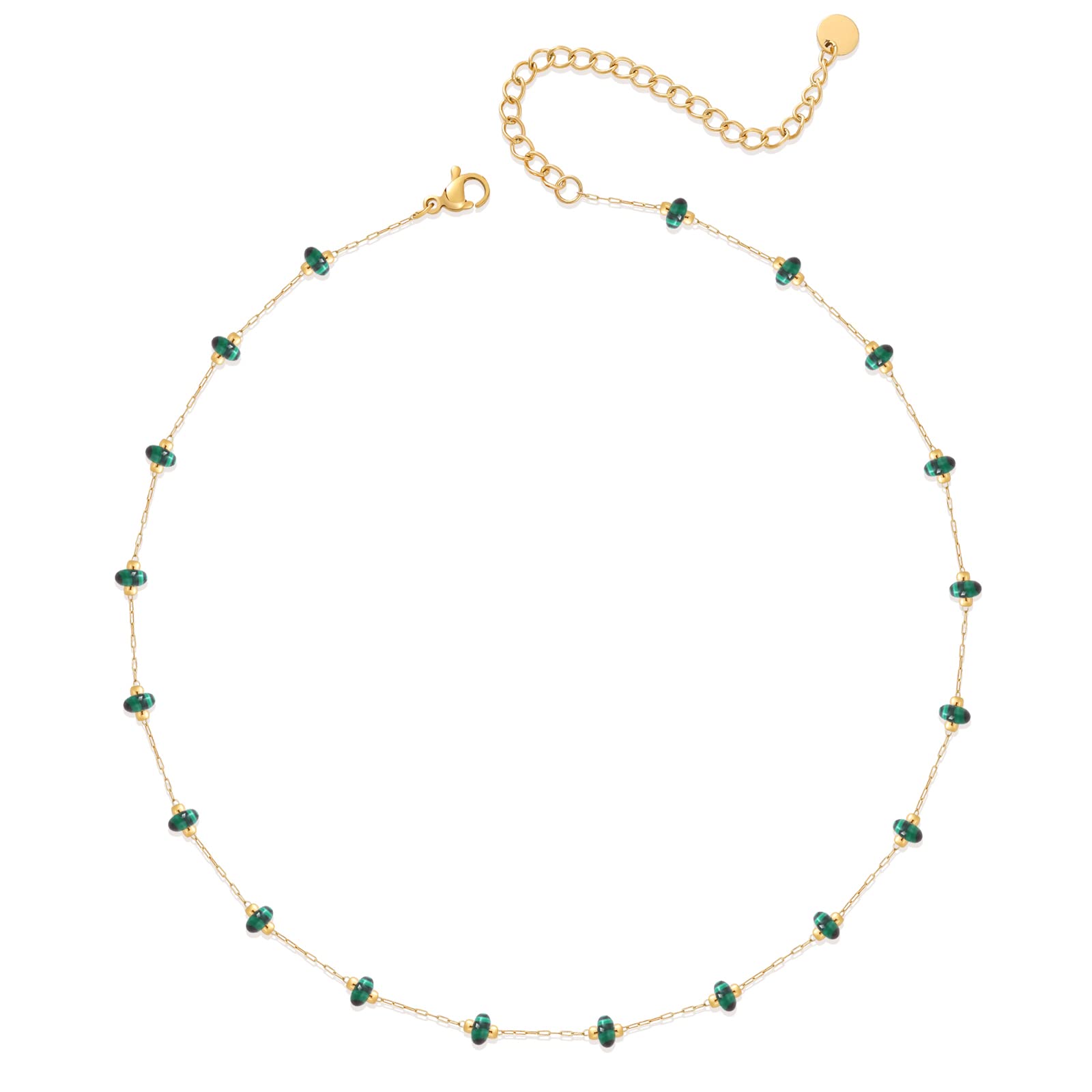 YADUDANatural Stone Choker Necklace for Women 18K Gold Plated Beaded Necklace Turquoise Malachite Carnelian Aventurine Purple Crystal Stone Tiny Birthstone Choker