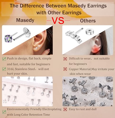 18Pairs 18G Surgical Steel Threadless Stud Earring for Women Men Push in Helix Cartilage Earrings Studs CZ Hypoallergenic Heart Moon Star Flat Back Earring 6/8mm3