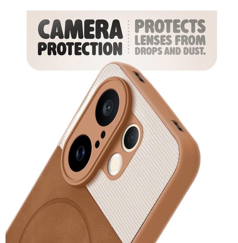 Image of Bintage CASE Mac Safe Design Hard Light Weight Back Case | Soft Border Camera Protect | Dual PU Leather Finish Back Cover Compatible for Vivo V60e 5G - White & Brown