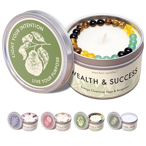 Manifest Sage & Bergamot Money Candle 45 Hour Burn Manifestation Bracelet Protection Candle for Negative Energy Abundance Candles Intention Spiritual Candles for Positive Energy