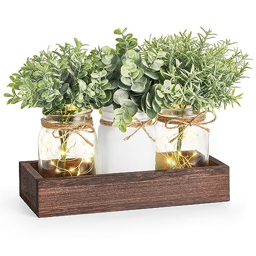 Mkono Mason Jar Table Centerpiece for Dining Room Farmhouse Decor with Wood Tray Winter Table Decor Spring Decoration for Living Room Bathroom