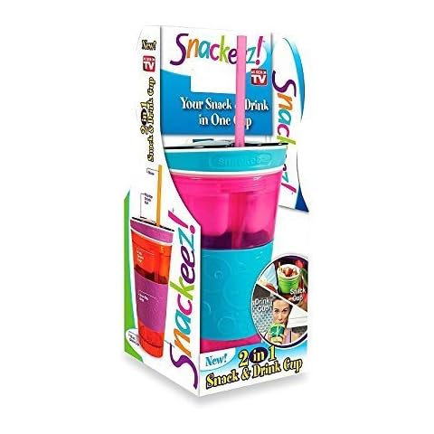 Snackeez Plastic Travel Cup Snack Drink in One Container 16oz (Pink/blue) Cover