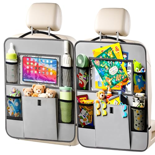 Image of Car Backseat Organizer with Tablet Holder, 6 Storage Pockets Seat Back Protectors Kick Mats for Kids, Car Seat Protector for Road Trips 2 Pack (Grey)
