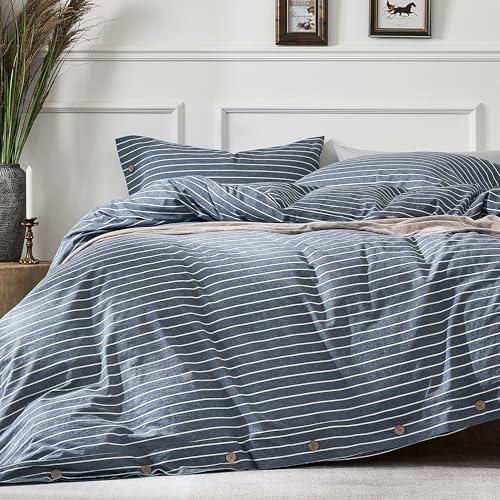 JELLYMONI Cotton Duvet Cover Twin Size – Blue Pinstriped Comforter Cover with Button 100% Washed Cotton 2PCS Breathable Soft Solid Bedding Set Duvet Cover 68×90in & 1 Pillowcase (NO Comforter)