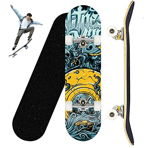 Skateboard Complete Skateboard 9-Layer Maple Standard Skateboard Double Kick Concave Cruiser Longboard Street Road Skateboards with Smooth Wheels for Kids Beginners Boys Girls Teens Adults 78.5x20CM