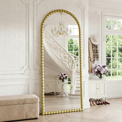Image of Vintage Full Length Mirror with Stand, 71x28 Inch Arched Beaded Full Body Mirrors, Large Floor Mirror Standing Mirror Full Length Wall Mounted Decor for Bedroom Living Room Cloakroom, PU Frame, Gold