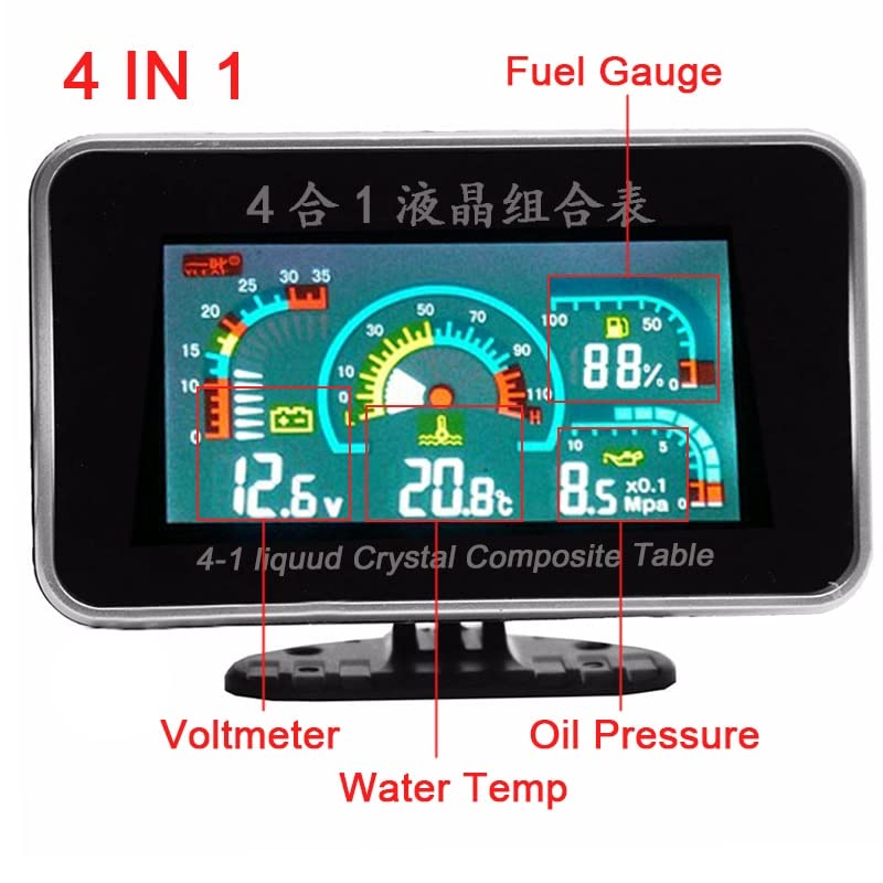Cruscotto 4in1 universale LCD Auto digitale ALLARME Acqua di carburante a pressione dell'olio di voltmetro Temp 12V