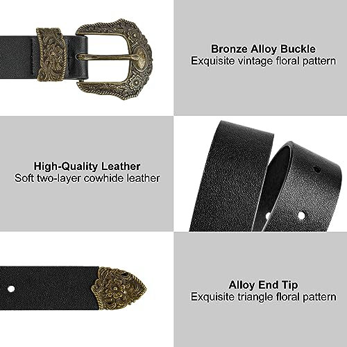 NPET Women Leather Belt, Western Vintage Waist Belt for Jeans Dresses Jeans Pants Fashion with Floral Metal Buckle Black3