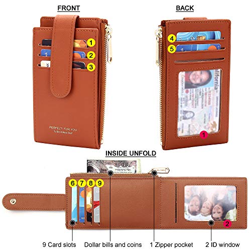 Image of Badiya Slim Women Wallet RFID Blocking Bifold Compact 9 Card Slots Holder Wallets Soft Leather with Zipper Coin Pocket 2 ID Window