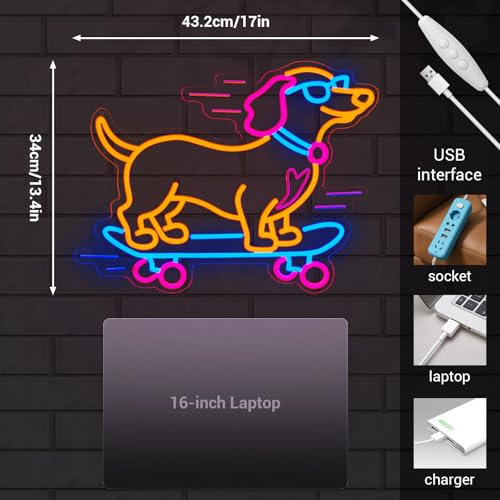 Image of Dachshund Skateboarding Neon Sign, Skateboard Dog Neon Signs for Wall Decor Cool LED Wall Art Decor, Dimmable Dog Lover Gift for Living Room, Bar, Shop, or Birthday Party