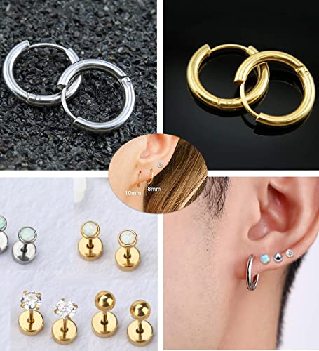 MJust Titanium Earrings for Sensitive Ears 20G Hypoallergenic Stud Hoop Earrings for Women Men Opal Ball CZ Heart Pearl Flat Back Earrings Cartilage Earrings Set3