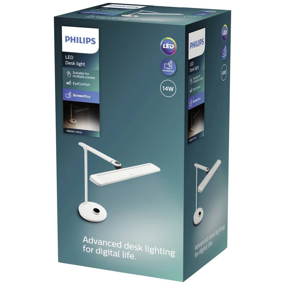 PHILIPS VDTMate Schreibtischlampe - Weiß, 14W, 2700-6500 Kelvin, 15.000 Stunden, Stufe Dimmung, Glühbirne enthalten